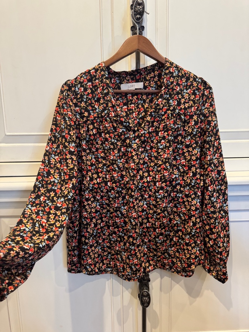 LOFT Black Floral Button-Front Blouse with Pink & Cream Accents